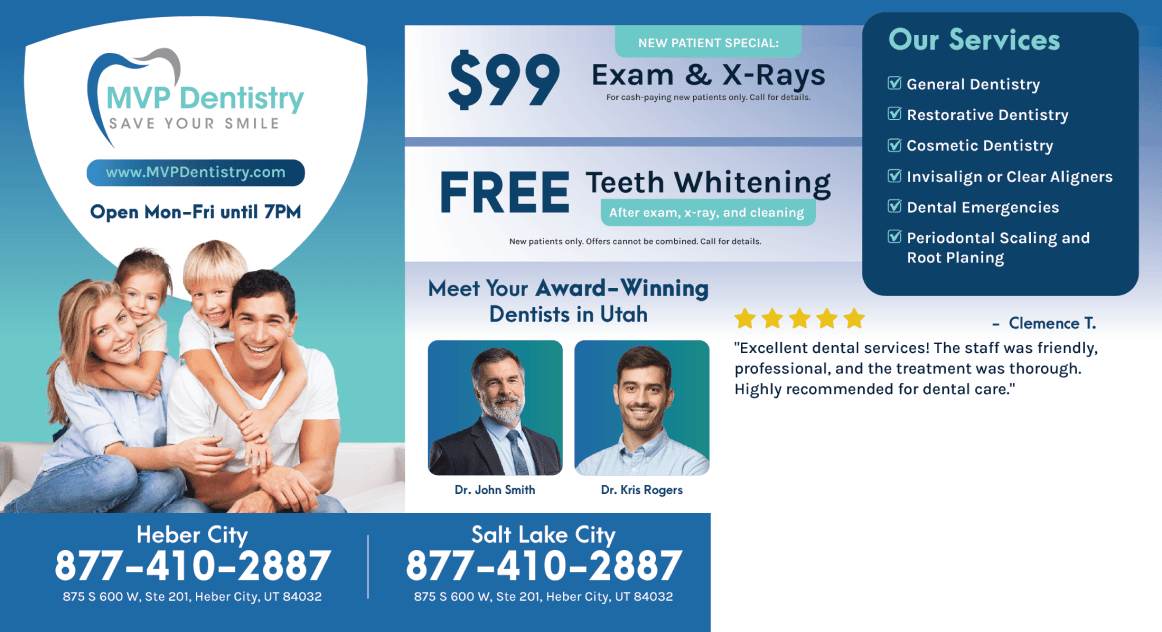 Back side of a dental promotional card detailing services and Invisalign treatment