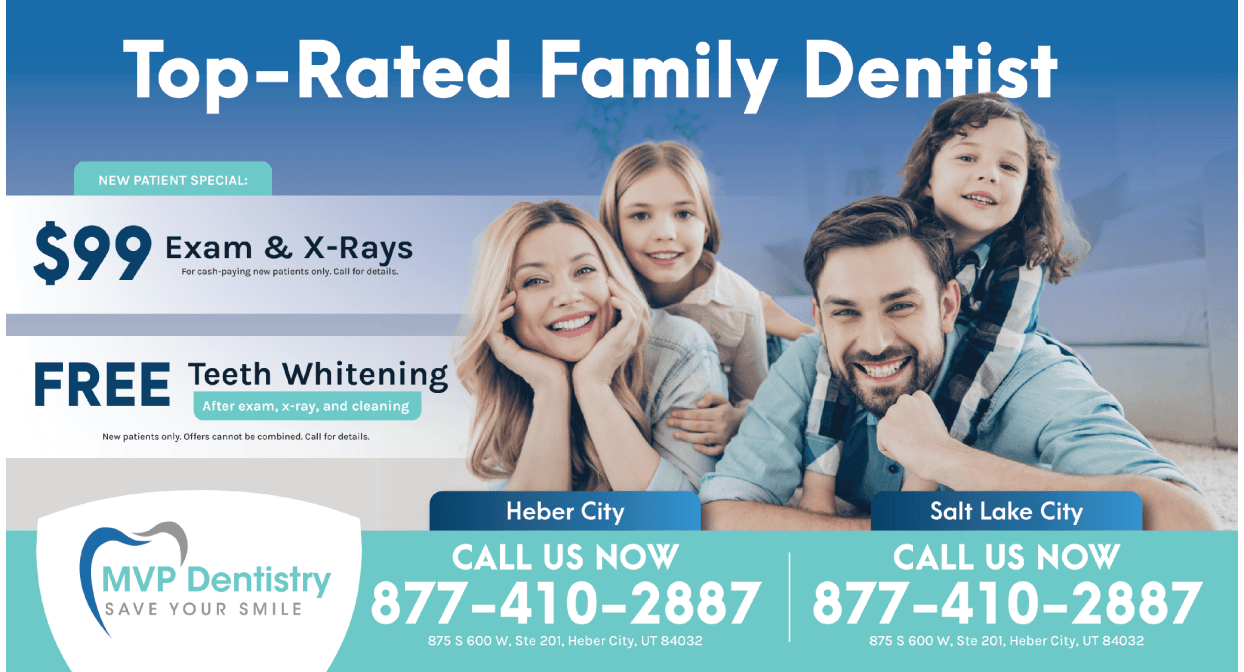 Promotional card for MVP Dental featuring Invisalign treatment offers and a smiling family