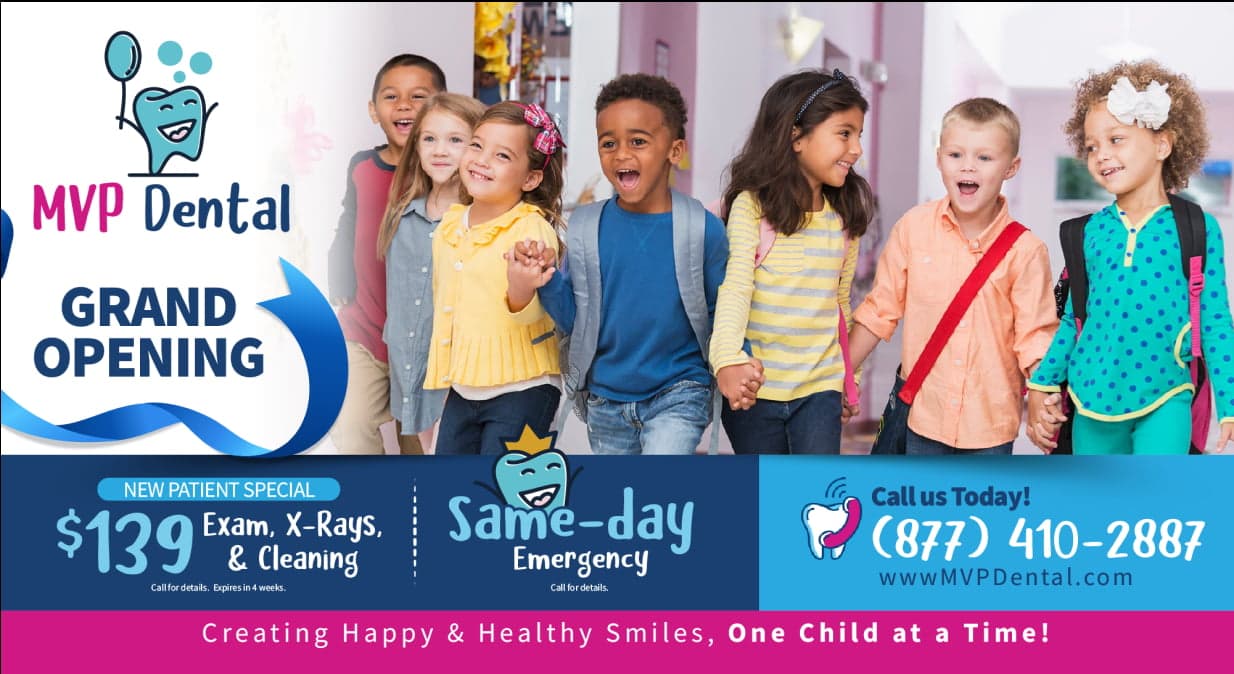 Colorful marketing material for MVP Dental showcasing unique pediatric dental services.