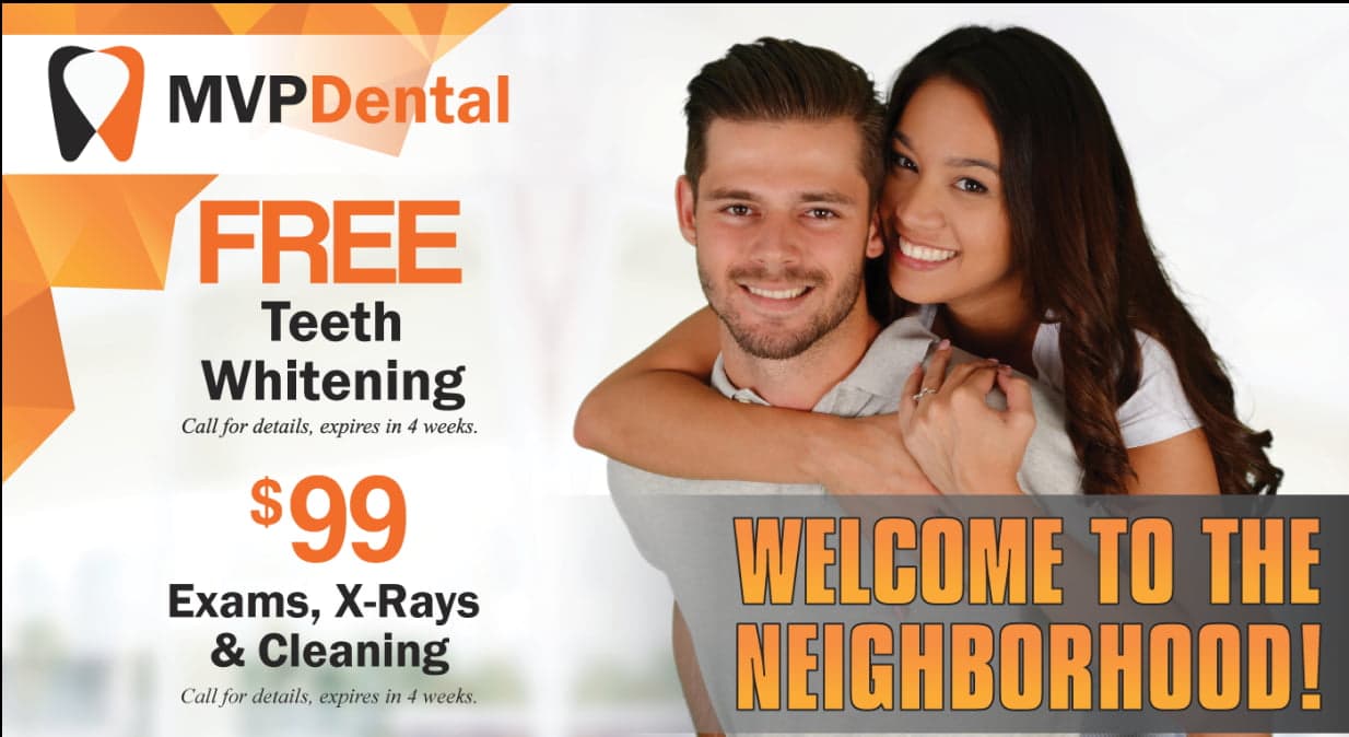 MVP Dental services advertisement featuring discounts on general and cosmetic dentistry.