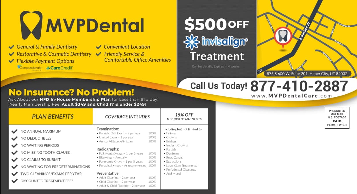 Promotional banner for MVP Dental featuring $500 off Invisalign treatment (Back)