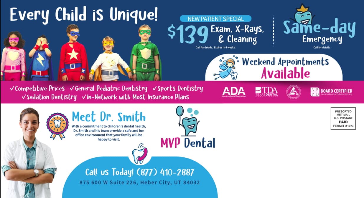 Welcoming advertisement from MVP Dental offering free teeth whitening and a special on cleaning services.