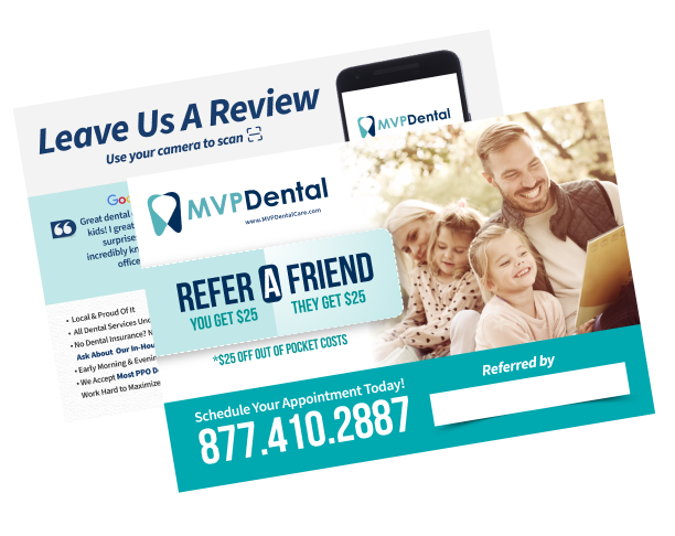 Dental membership promotional print featuring pricing and service benefits with a surprised female model.