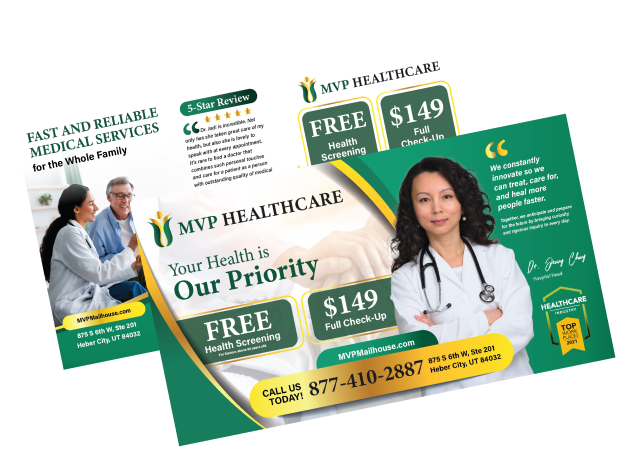 Promotional flyer for MVP Dental featuring a family and detailing services like exams and Invisalign treatment.