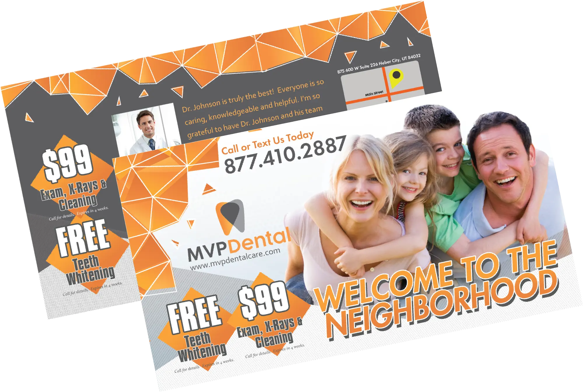 Promotional flyer for MVP Dental featuring a family and detailing services like exams and Invisalign treatment.