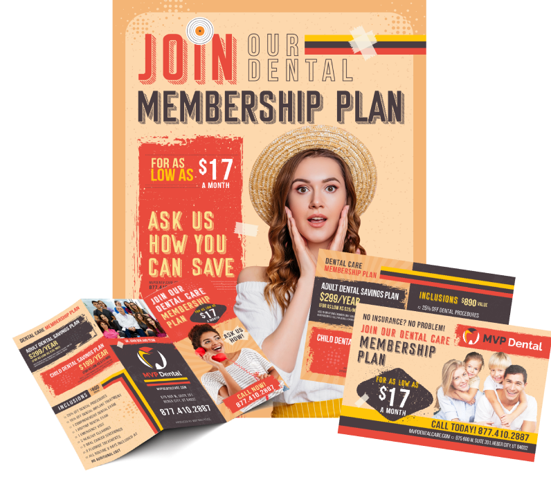 Dental membership promotional print featuring pricing and service benefits with a surprised female model.