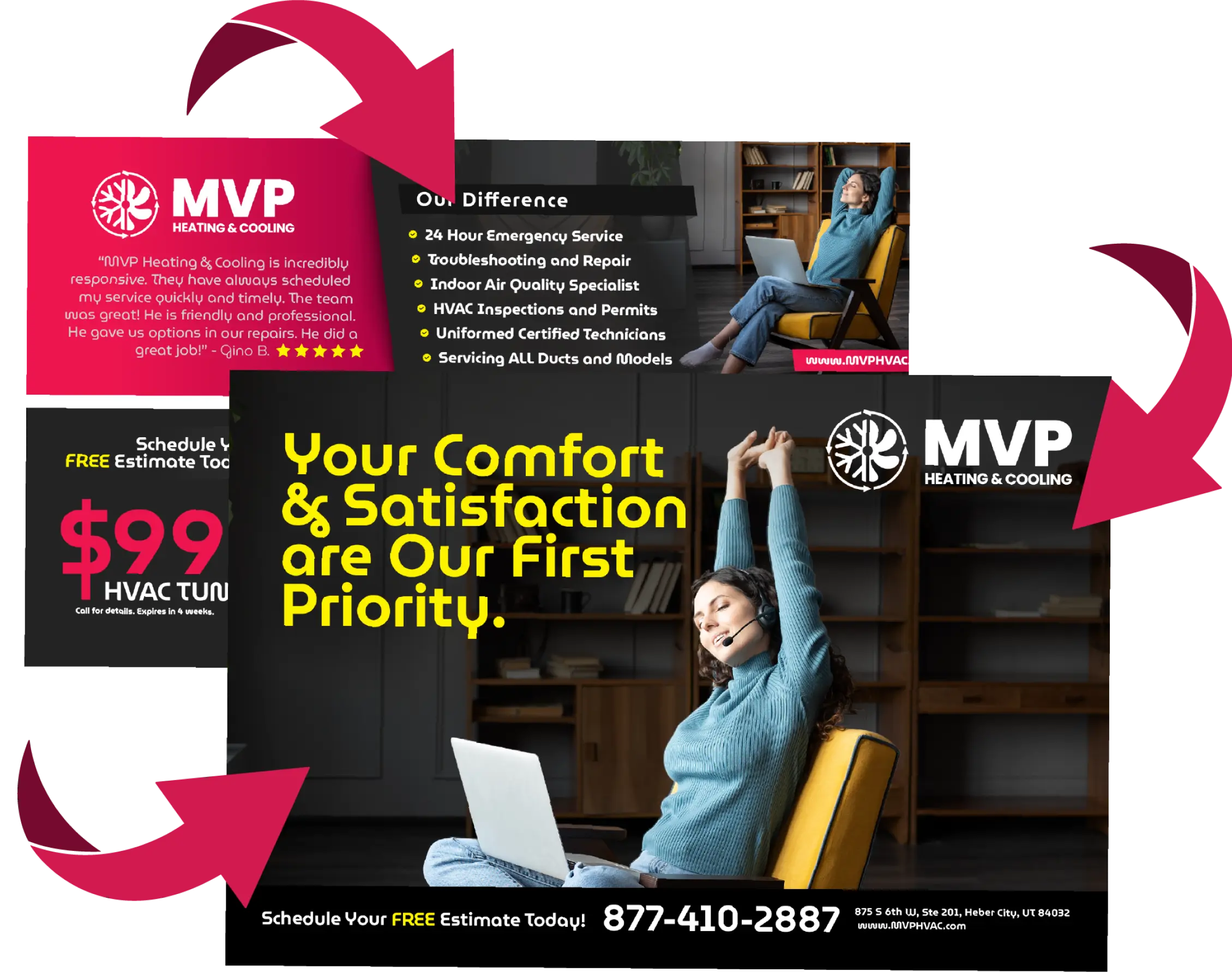 HVAC service promotion postcard featuring a woman comfortably relaxing, emphasizing customer satisfaction.