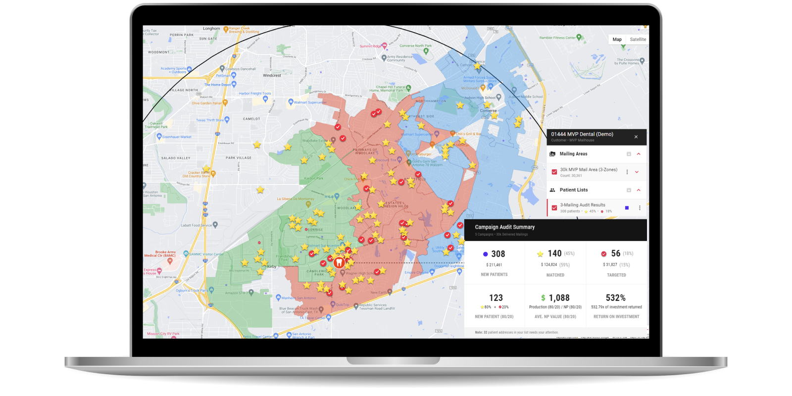 Geo-targeted marketing map showing campaign zones and results
