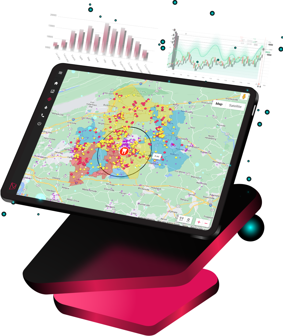 Tablet displaying a detailed geographic target analysis with map and data charts