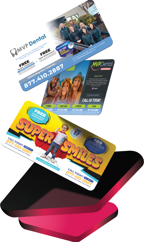 Assorted MVP promotional cards featuring different service offers stacked artistically